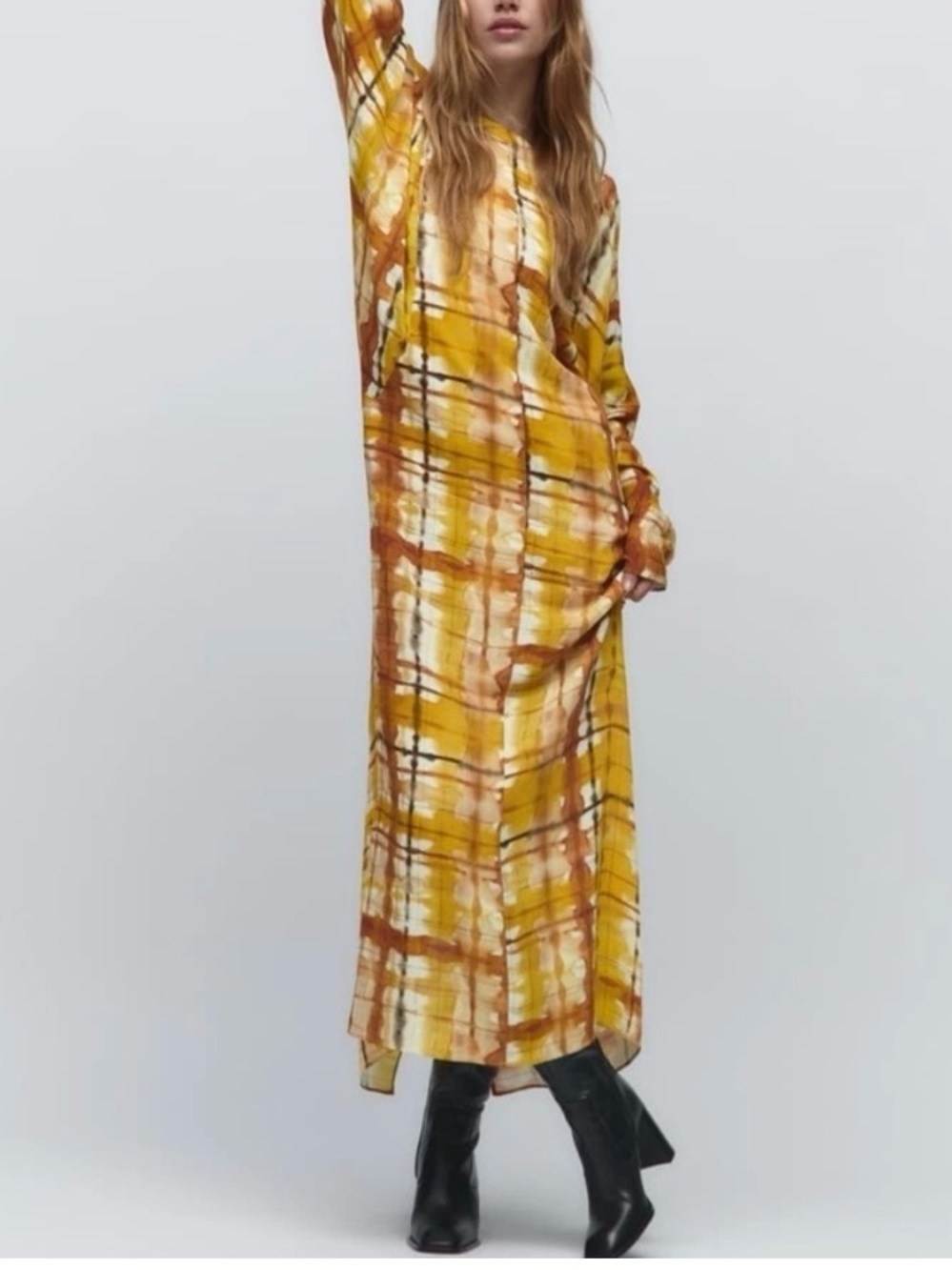 NWT Zara Long Sleeve Yellow Printed Maxi Dress